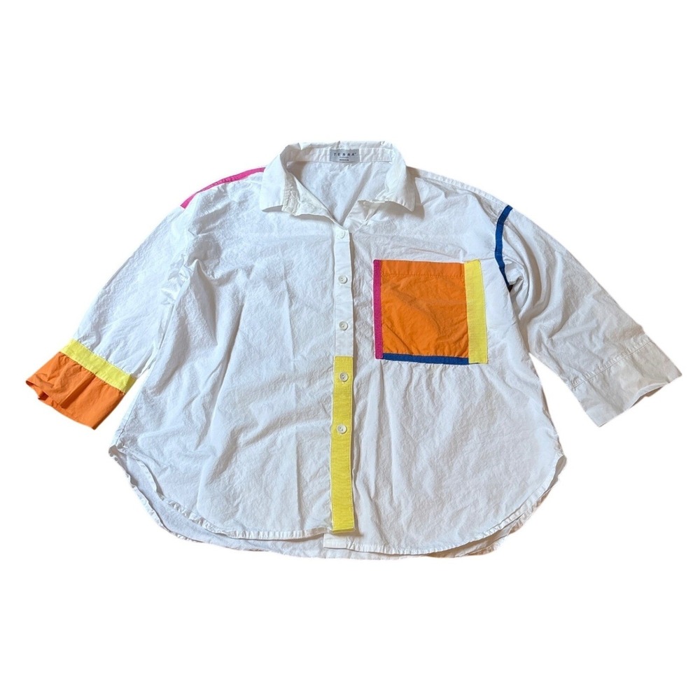 Terra Button Up Shirt Women White Color Block Oversized SIZE M